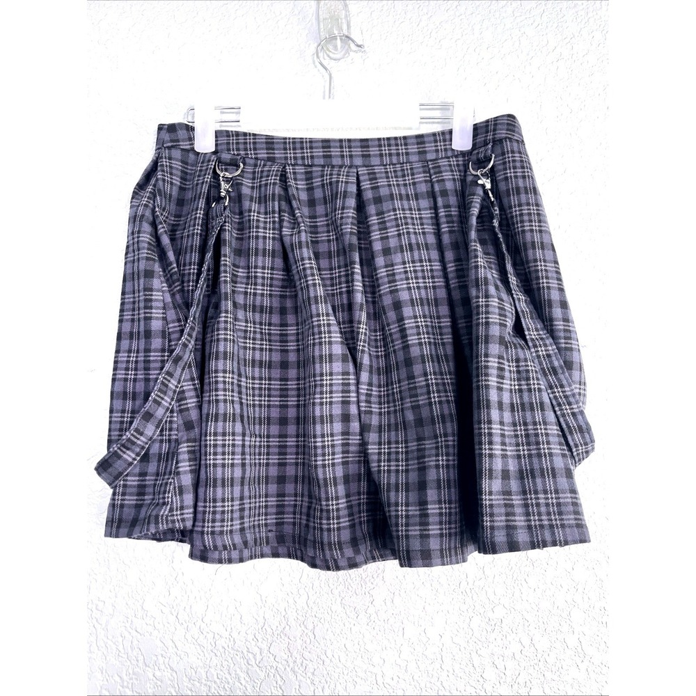 Y2K Hot Topic Pleated Mini Skirt Sz L Gray Black Plaid Emo Punk Rock Grunge Goth